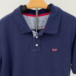 Vineyard Vines Mens Polo Shirt L Large 100% Cotton Solid Blue Red Logo Short Sle